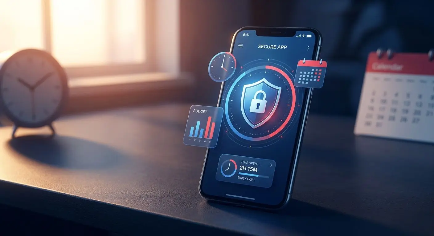 Mobile security and responsible play concept with shield and time controls