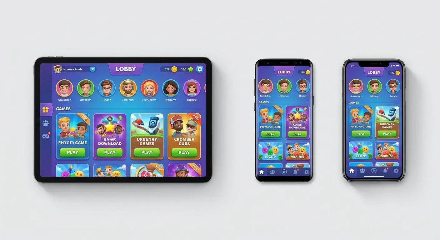 Android and iOS devices showing a mobile gaming interface