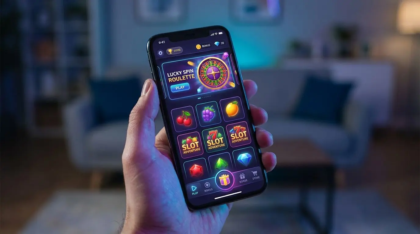 Smartphone displaying a mobile game lobby with slots and table-style icons