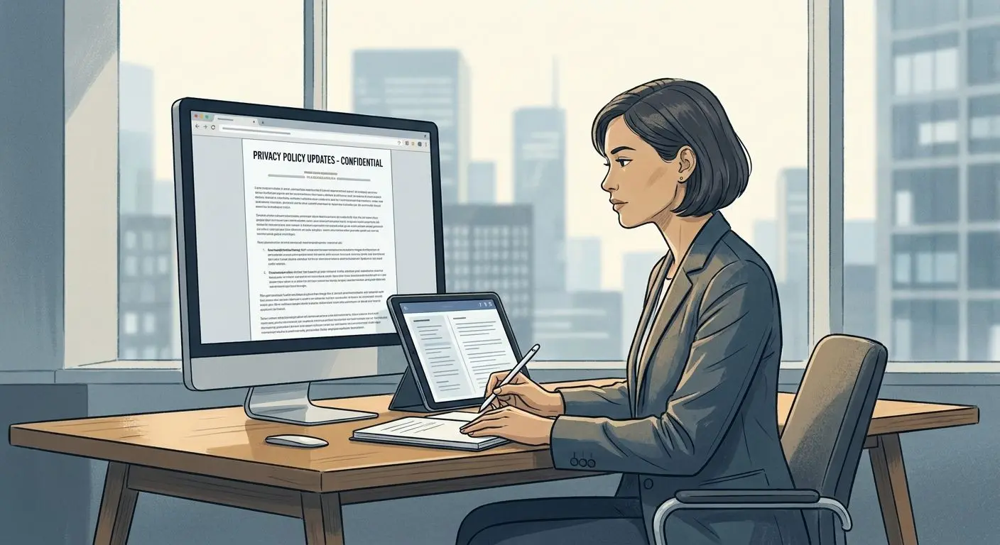 Fictional compliance expert reviewing privacy policy documents