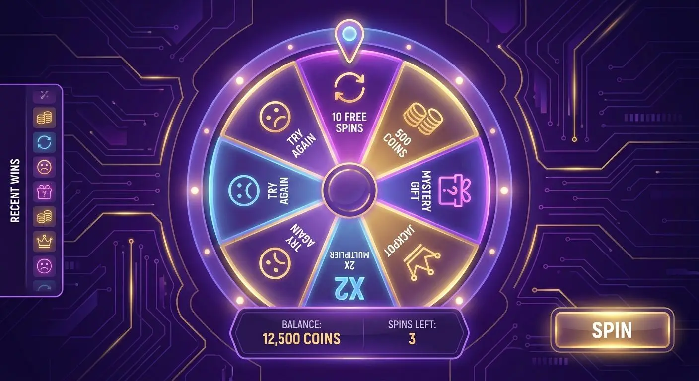 Illustration of a segmented prize wheel with different reward types