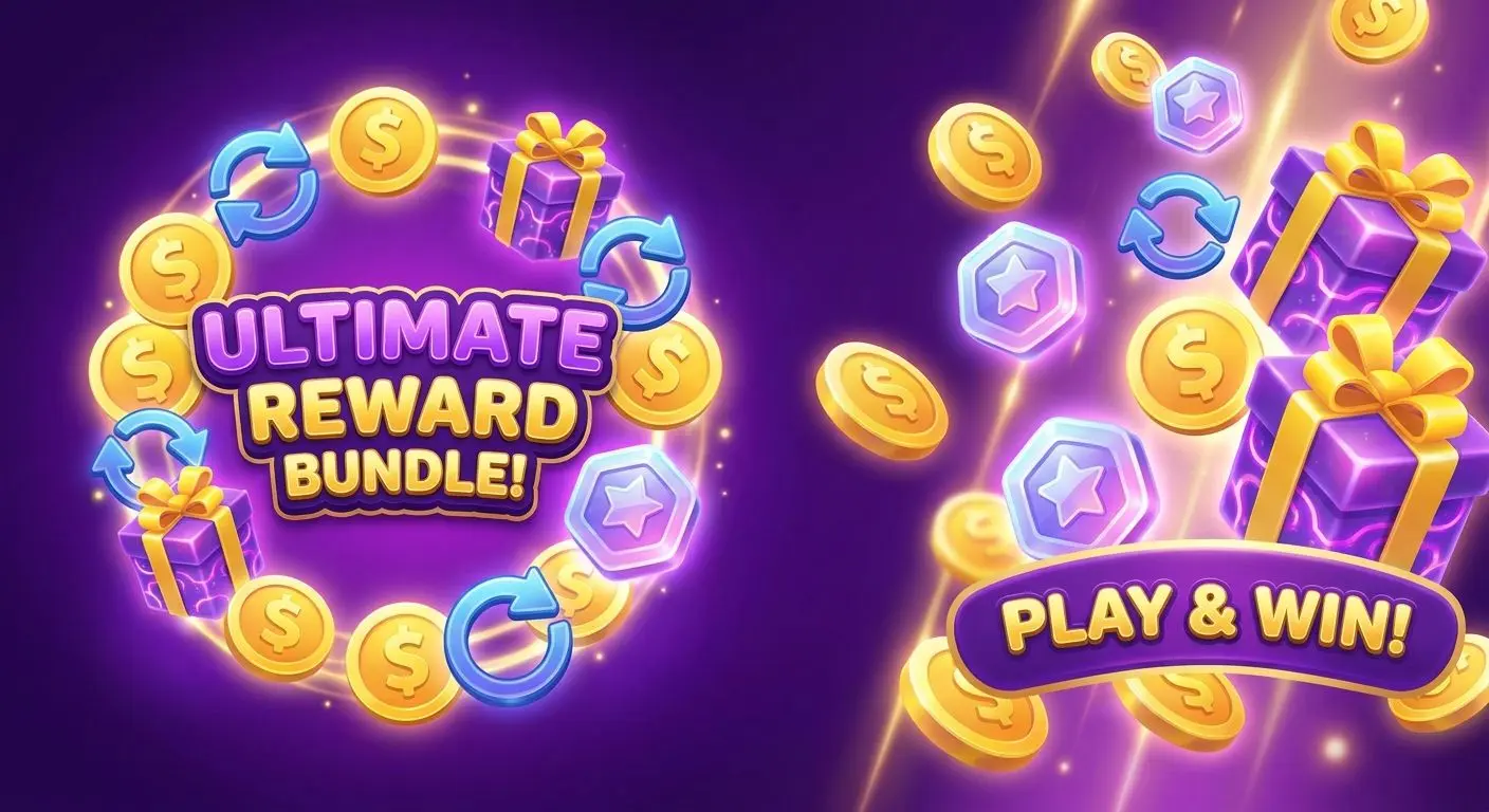 Reward icons showing coins free spins and gift boxes