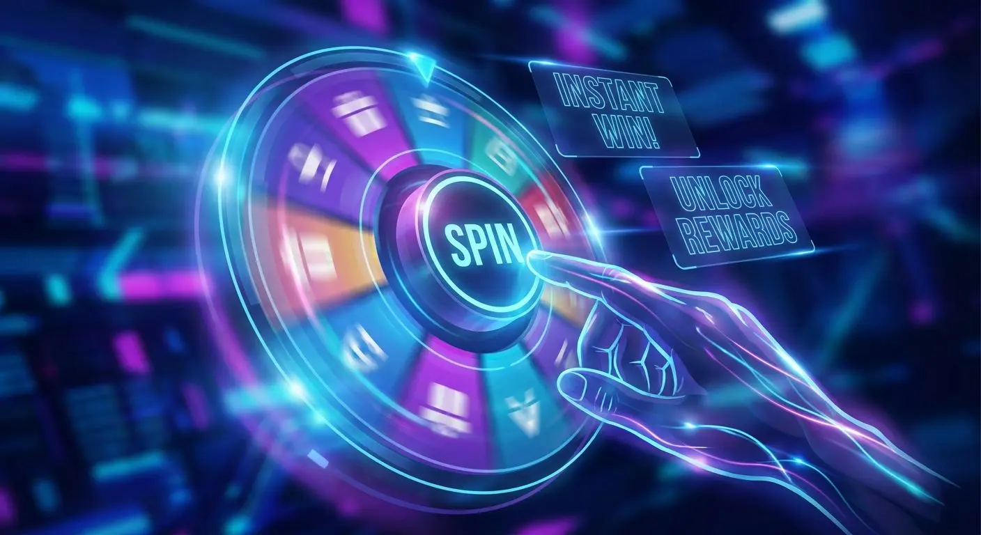Using a virtual wheel spin interface Hand pressing spin button on a virtual prize wheel interface