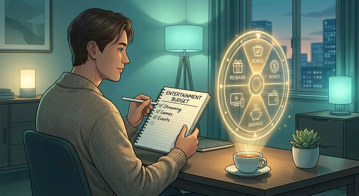 Smart planning for prize wheel spins Player planning wheel use with checklist beside a virtual reward wheel
