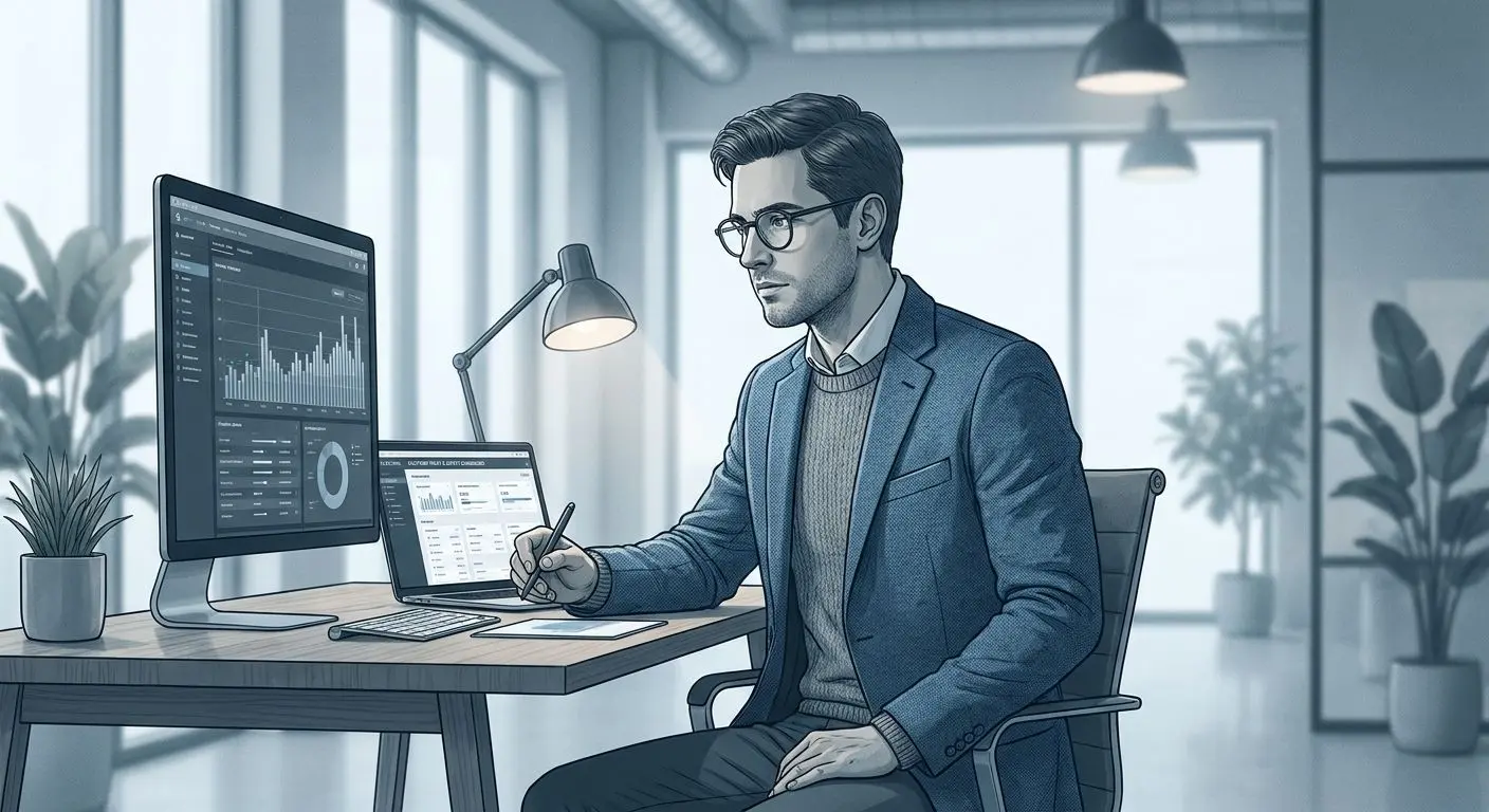 Author and analyst illustration Illustrated expert reviewing responsible play tools on a laptop