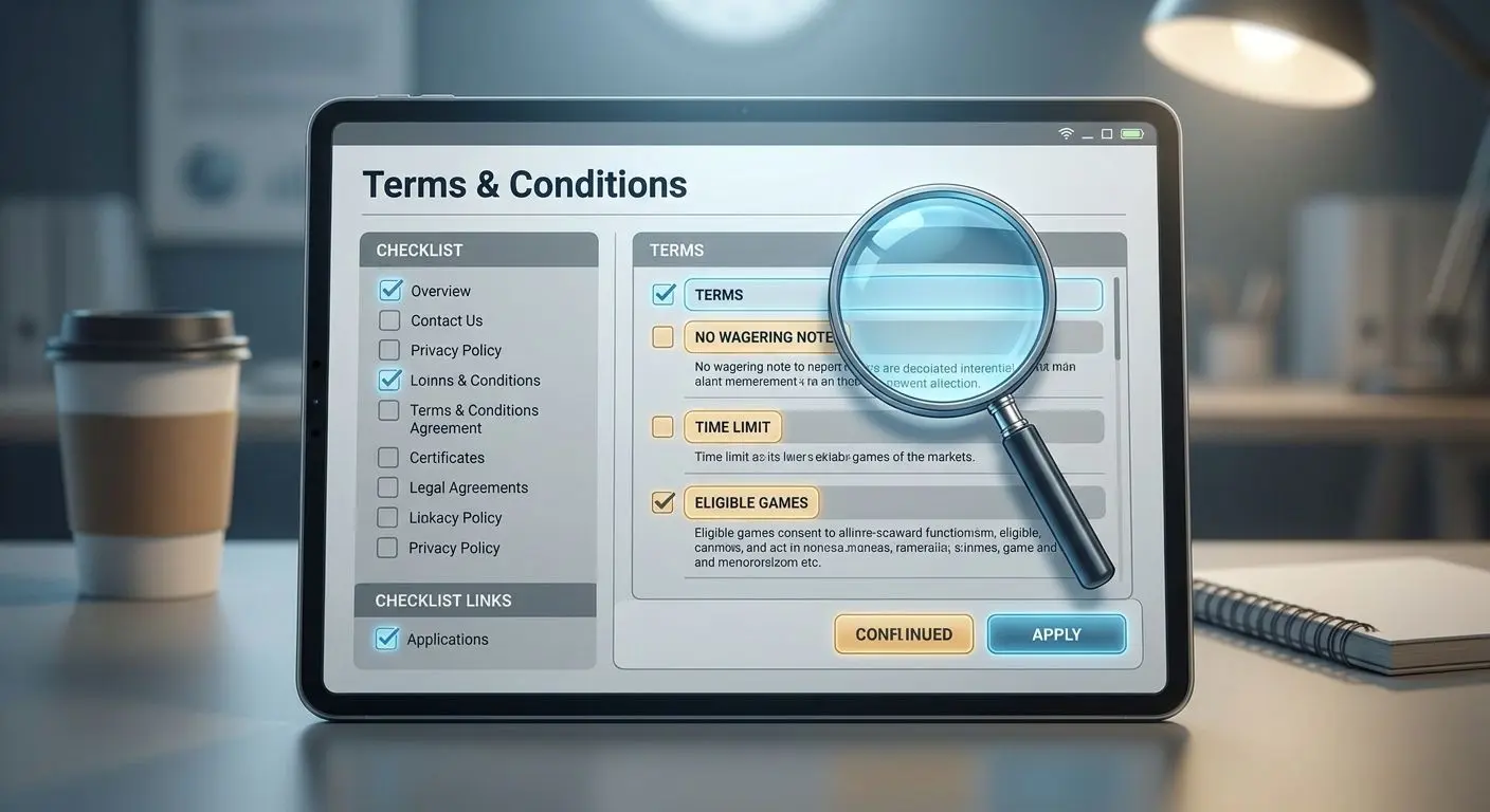 Checklist screen highlighting terms for spins rewards