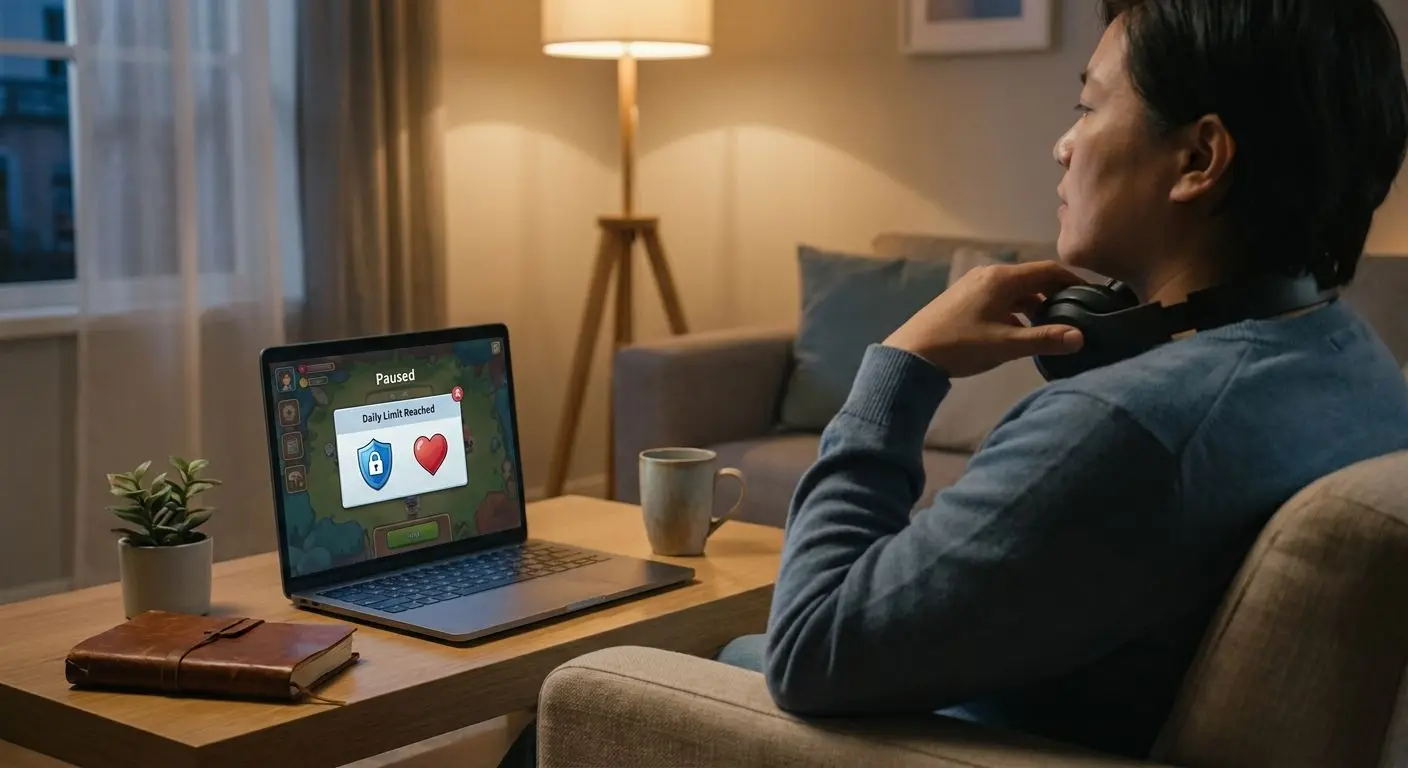 Player setting limits with privacy and protection symbols beside a laptop