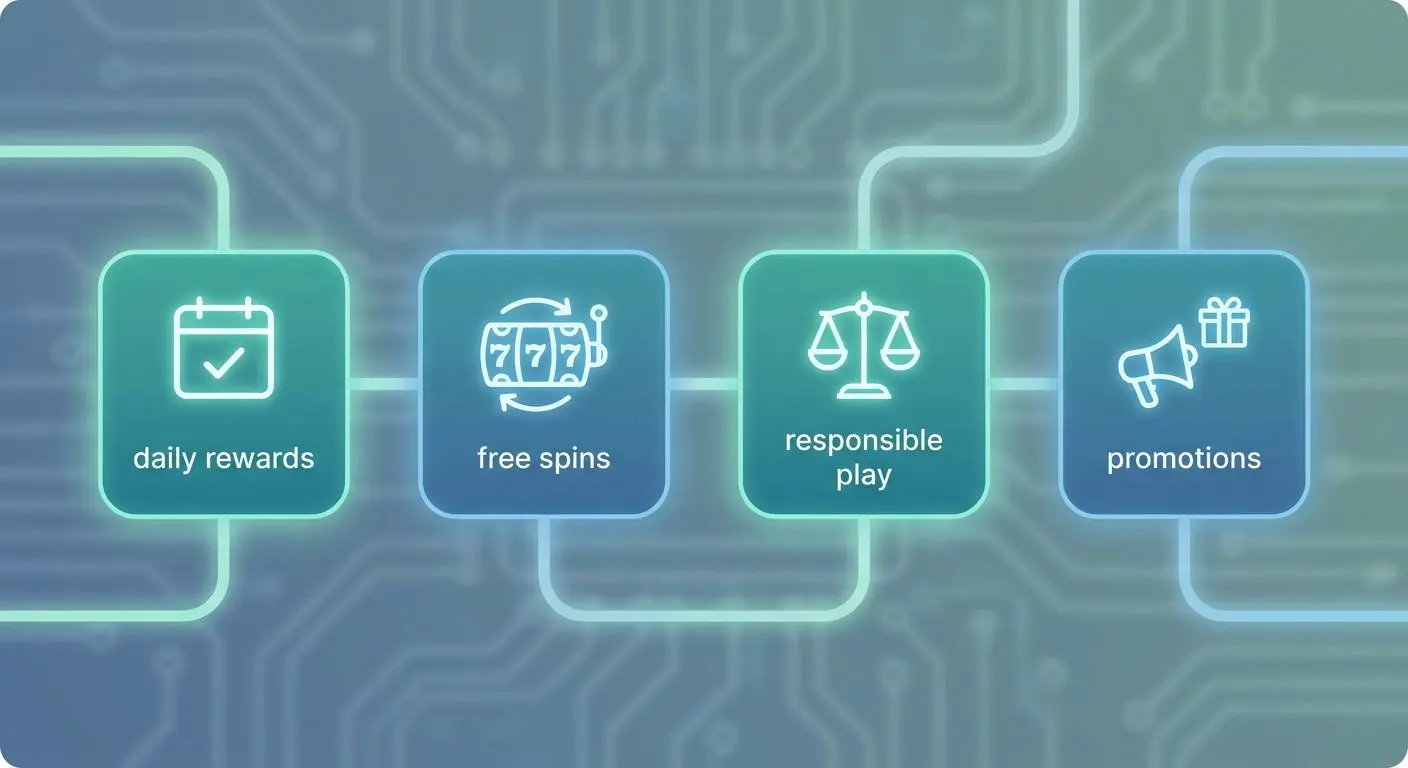 Site navigation map for spins, rewards and responsible play pages
