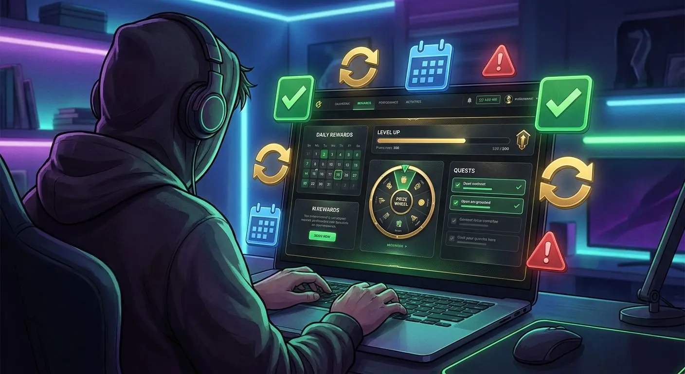 Strategy checklist beside a rewards dashboard with spin icons