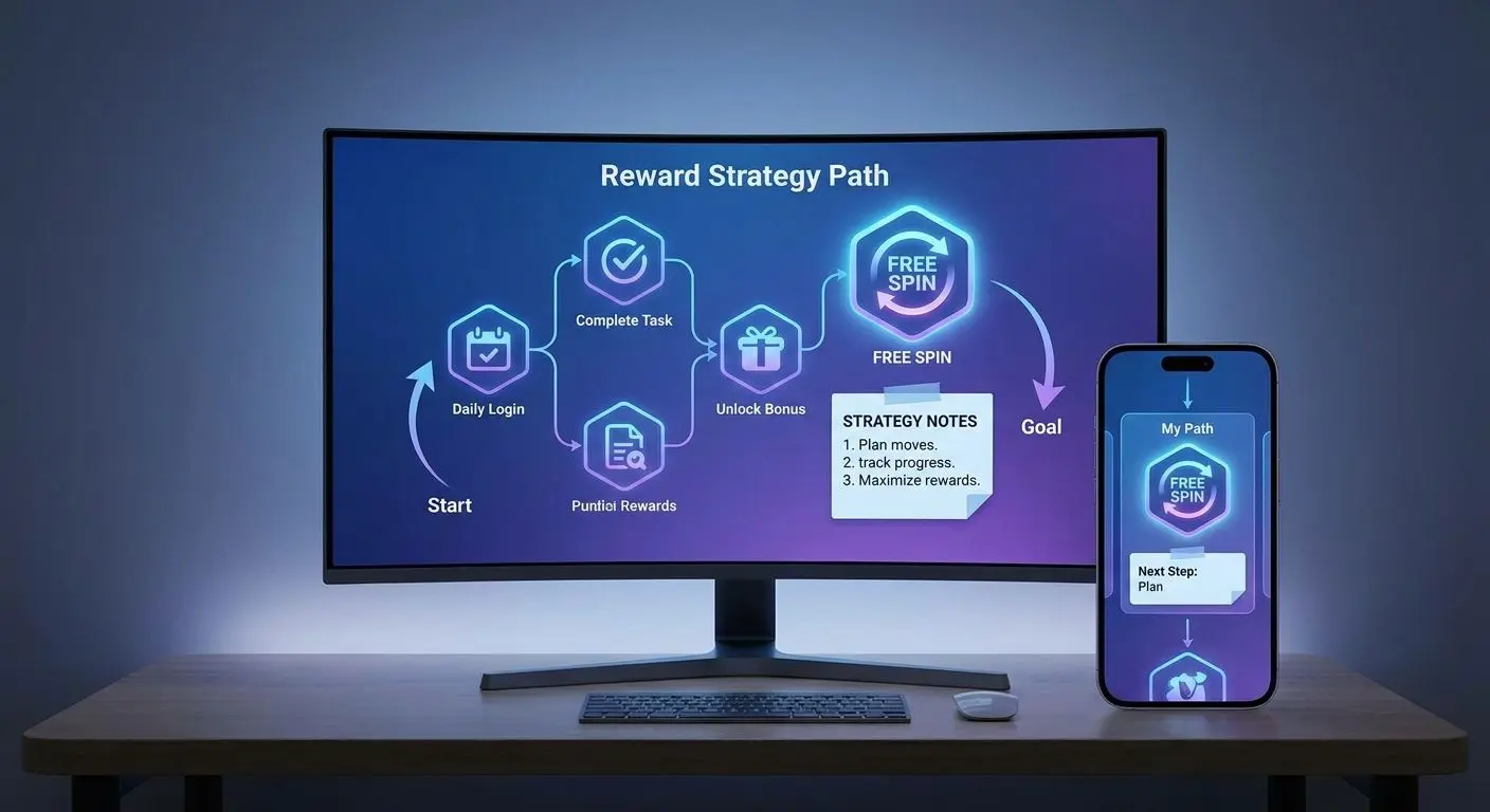 Strategy-themed rewards interface with highlighted free spins and planning notes