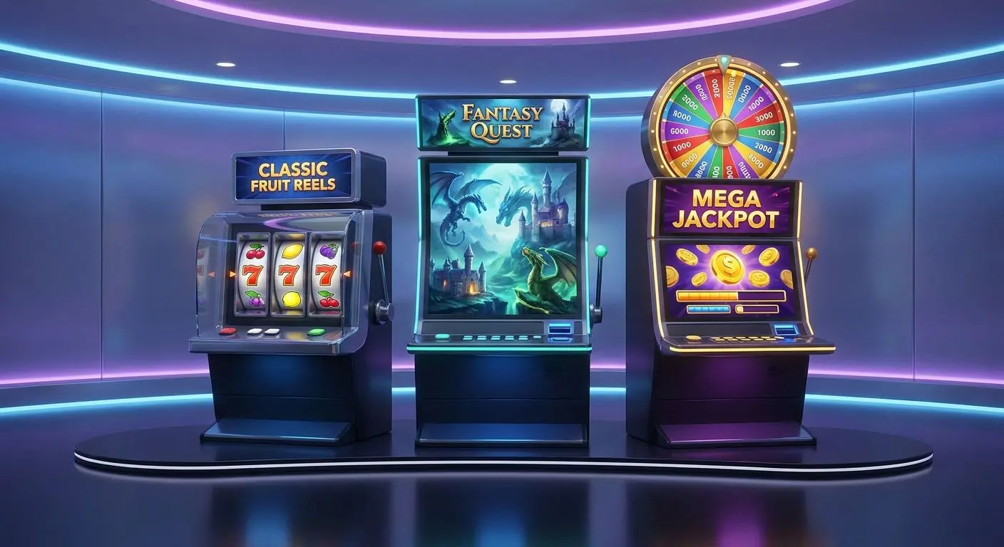 Different slot genres including classic, video, and jackpot styles
