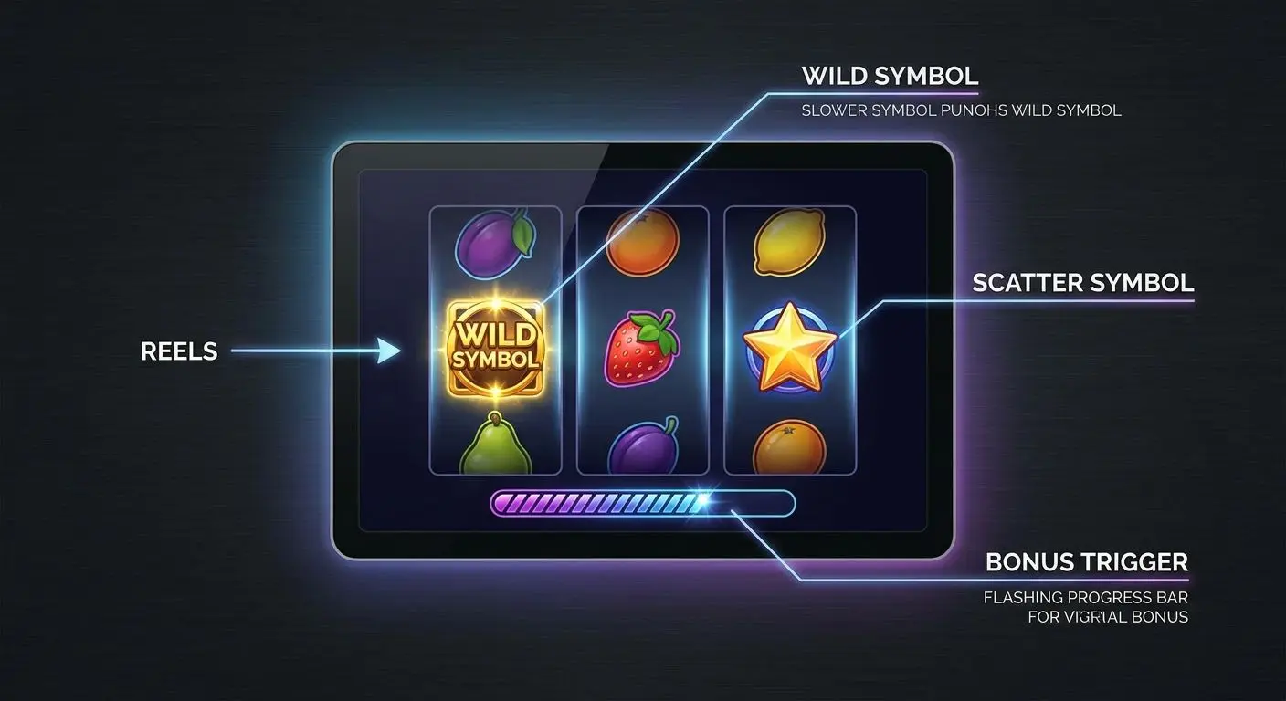 Common slot machine elements explained Slot machine diagram highlighting reels wild scatter and bonus features