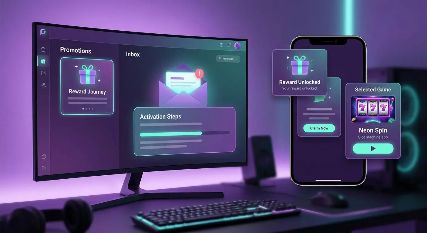 Step-by-step bonus activation interface on desktop and mobile